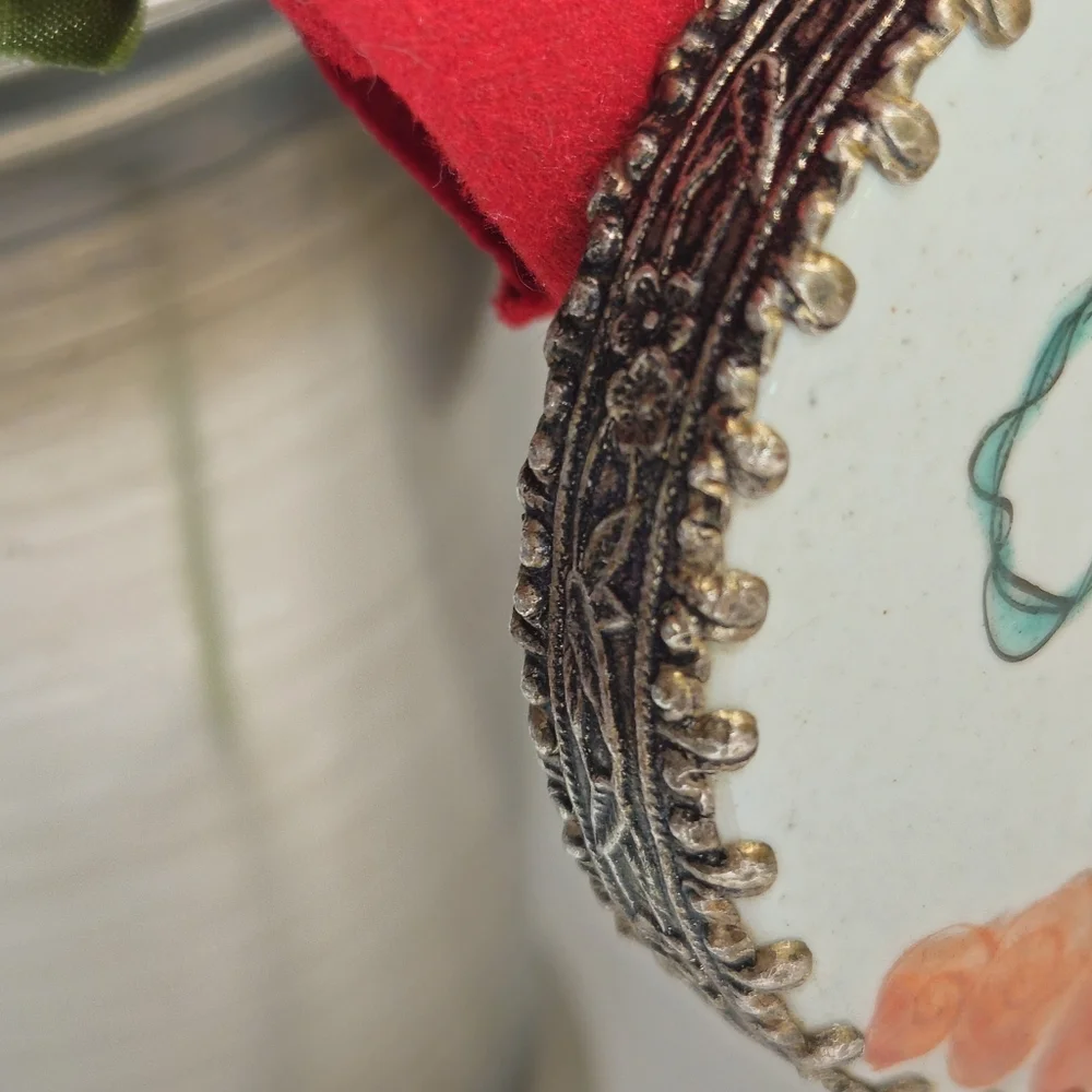 Vintage Chinese Hand Painted with Jade Stone Handle Silver Vanity Mirror